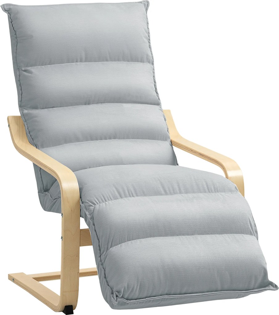 HOMCOM Fotel z laminowanej brzozy, tapicerowany fotel z regulowaną podnóżką, nowoczesny fotel z podłokietnikami, Jasnoszary