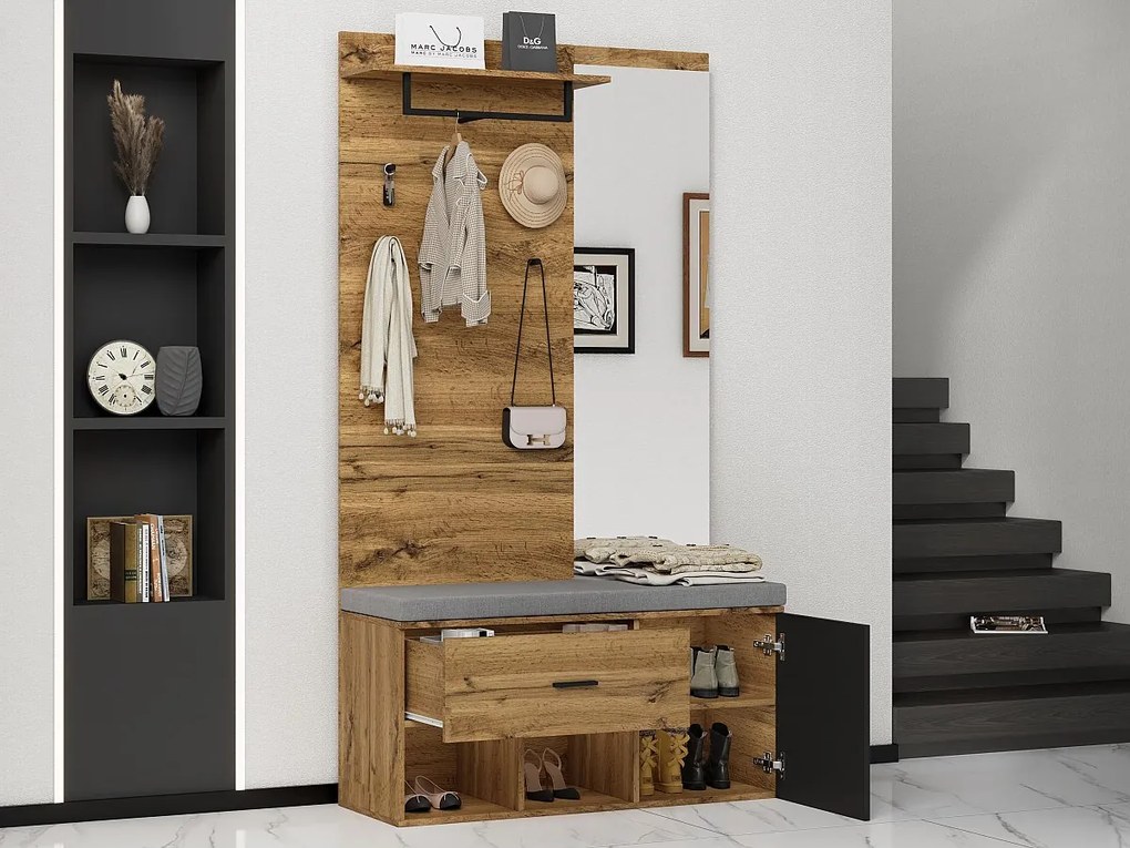 Wieszak na ubrania + ławka na buty + lustro - Naturalny