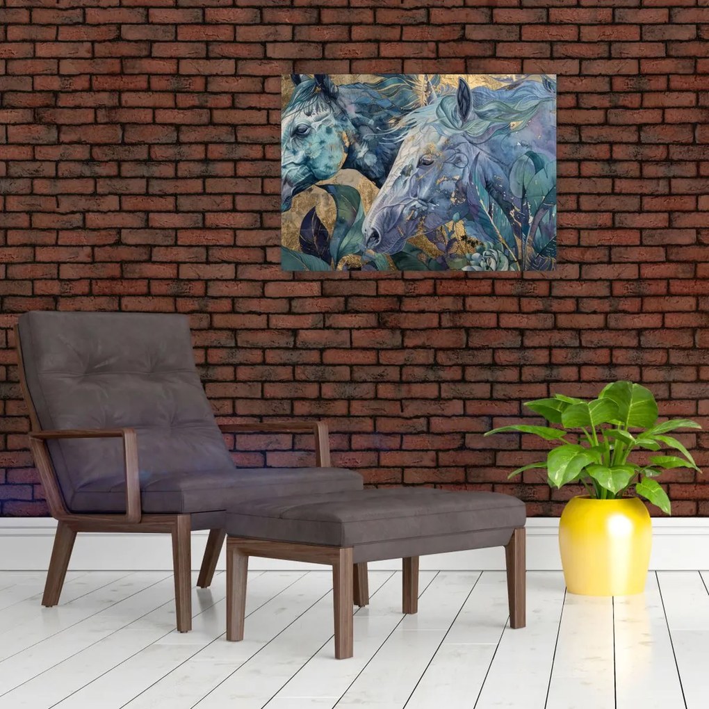 Obraz na szkle - Konie na złotym tle (70x50 cm)