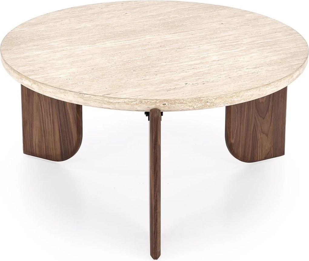 Stolik kawowy Manios 80 cm okrągły - trawertyn / orzech