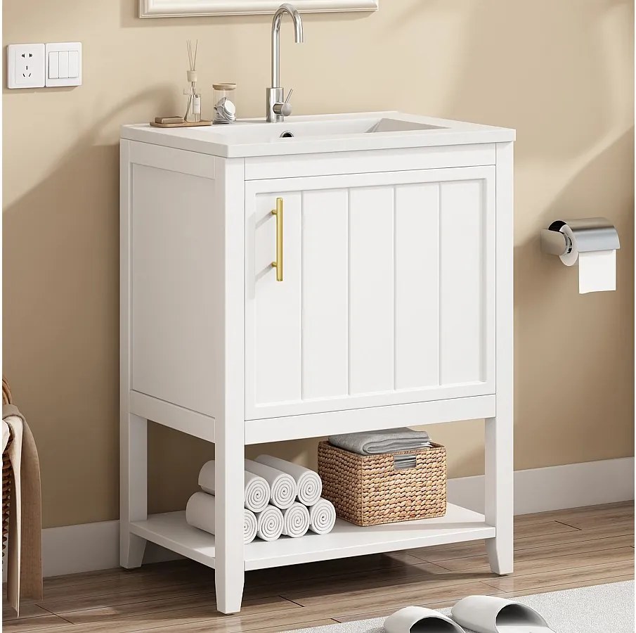 Szafka łazienkowa pod pojedynczą umywalkę - 1 otwarta półka i 1 drzwi - 61 x 47 x 87 cm - drewno MDF - biała