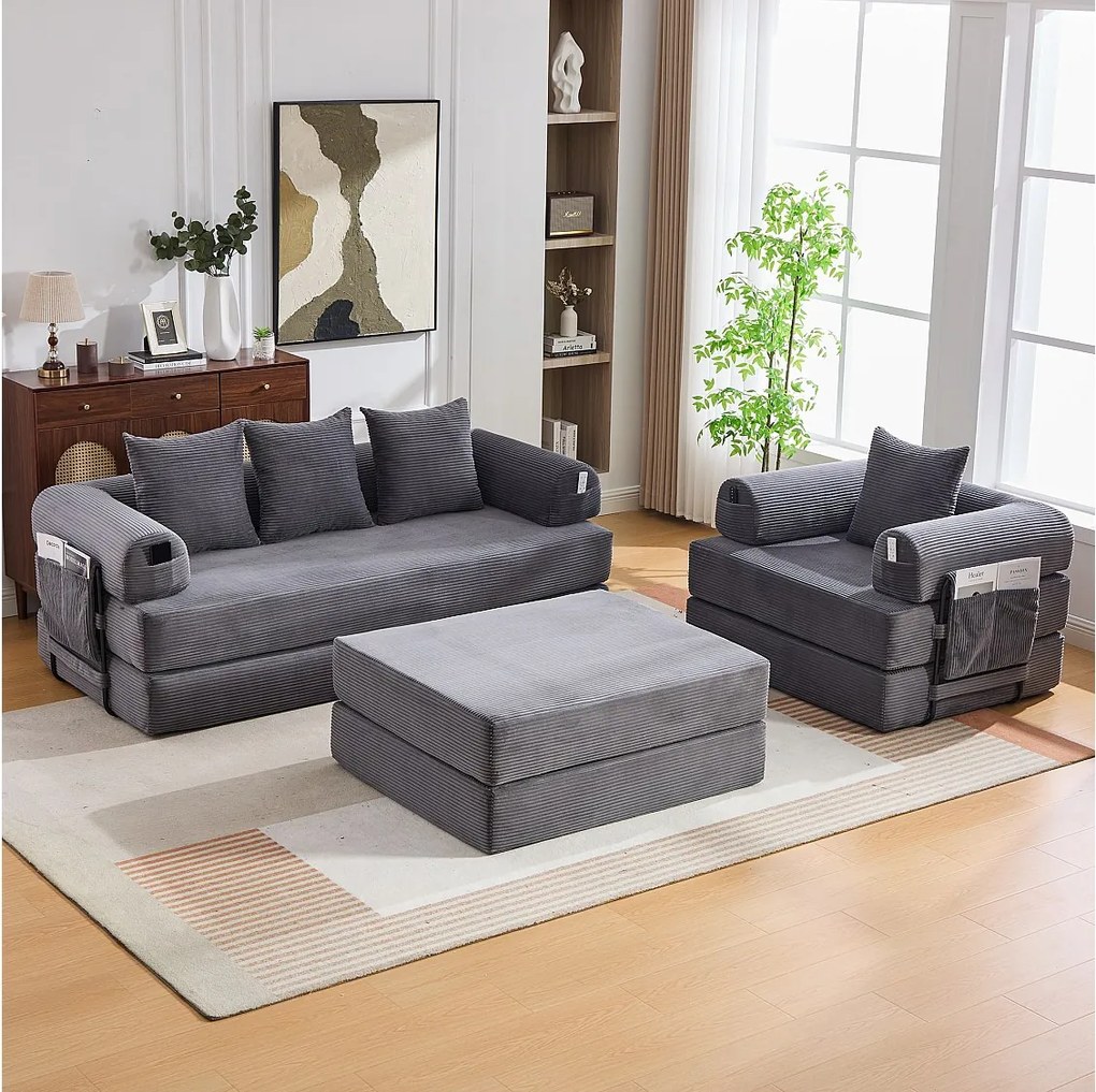 Modułowy zestaw wypoczynkowy 4-osobowy - 200 x 190 x 67 cm - z 4 poduszkami + 1 fotel - sztruks - szary