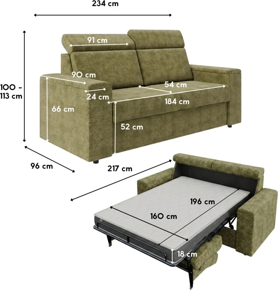 Sofa - kanapa do spania Volta 160x200 cm, z pojemnikami, materacem i stelażem włoskim