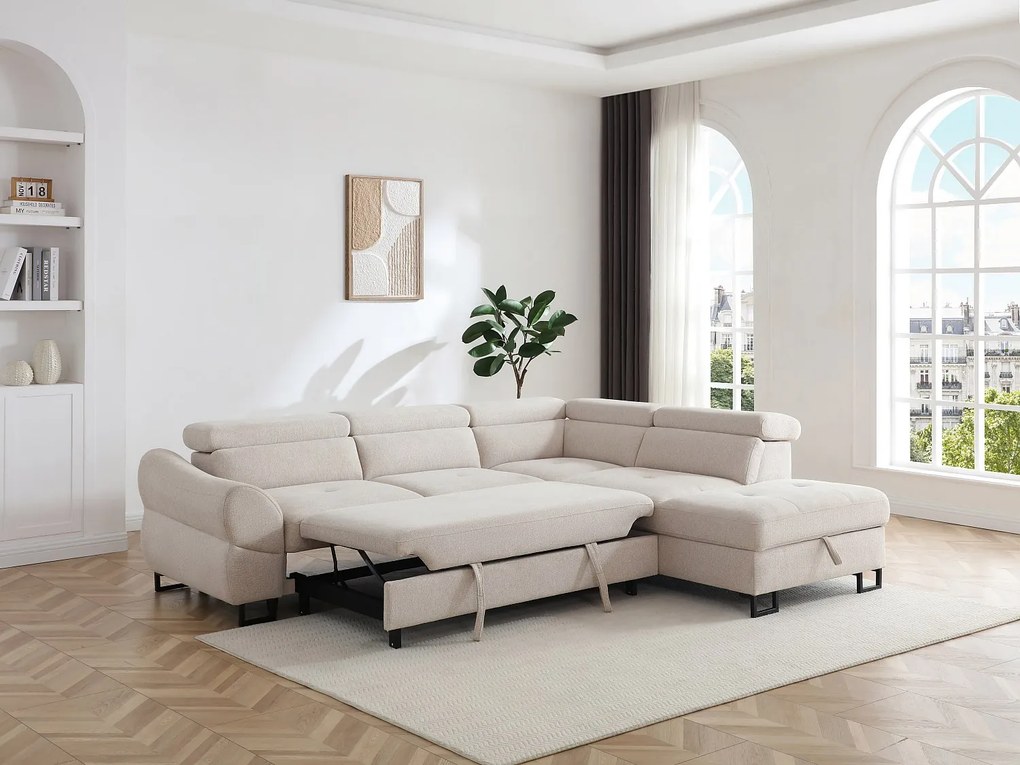 Kanapa narożna rozkładana  z beżowej tkaniny teksturowanej VAVERDO