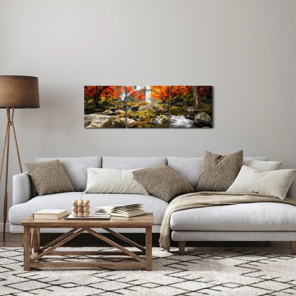 Obraz - Wodospady w jesiennym krajobrazie, pomarańczowy (z zegarem) (90x30 cm)