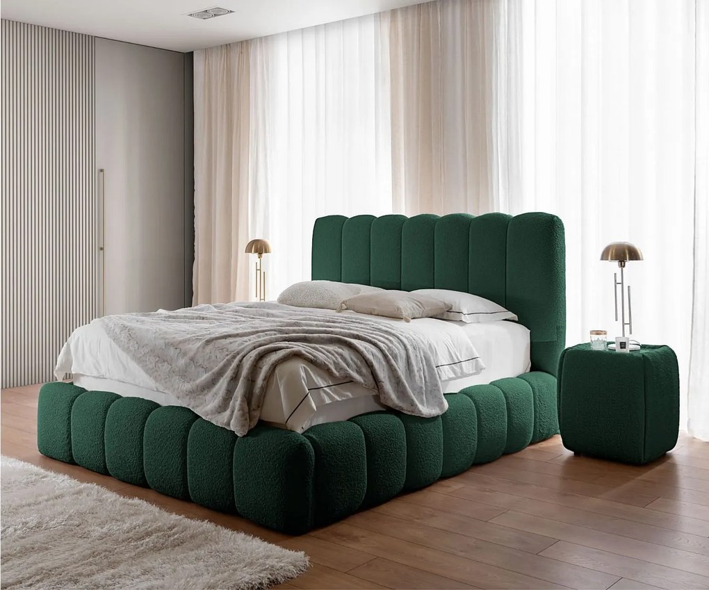 FURNISTAR Łóżko tapicerowane CHLOE z pojemnikiem 140x200|Łóżko dwuosobowe z pojemnikiem i stelażem|Wygląd boxspring|bez materaca|do sypialni-ciemnozielony