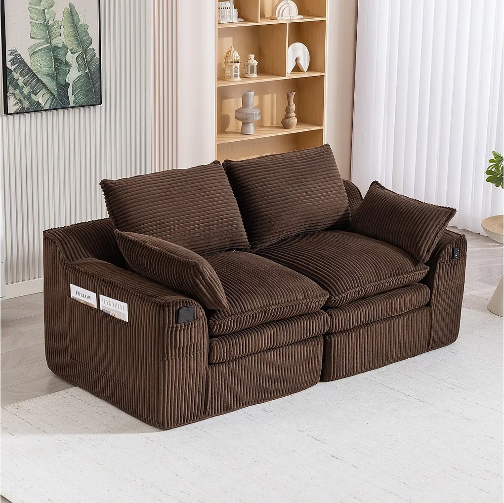 Modułowa sofa 2-osobowa w sztruksie - 191 x 94 x 85 cm - z 1 pufem + poduszki + 2 kieszenie - brązowa