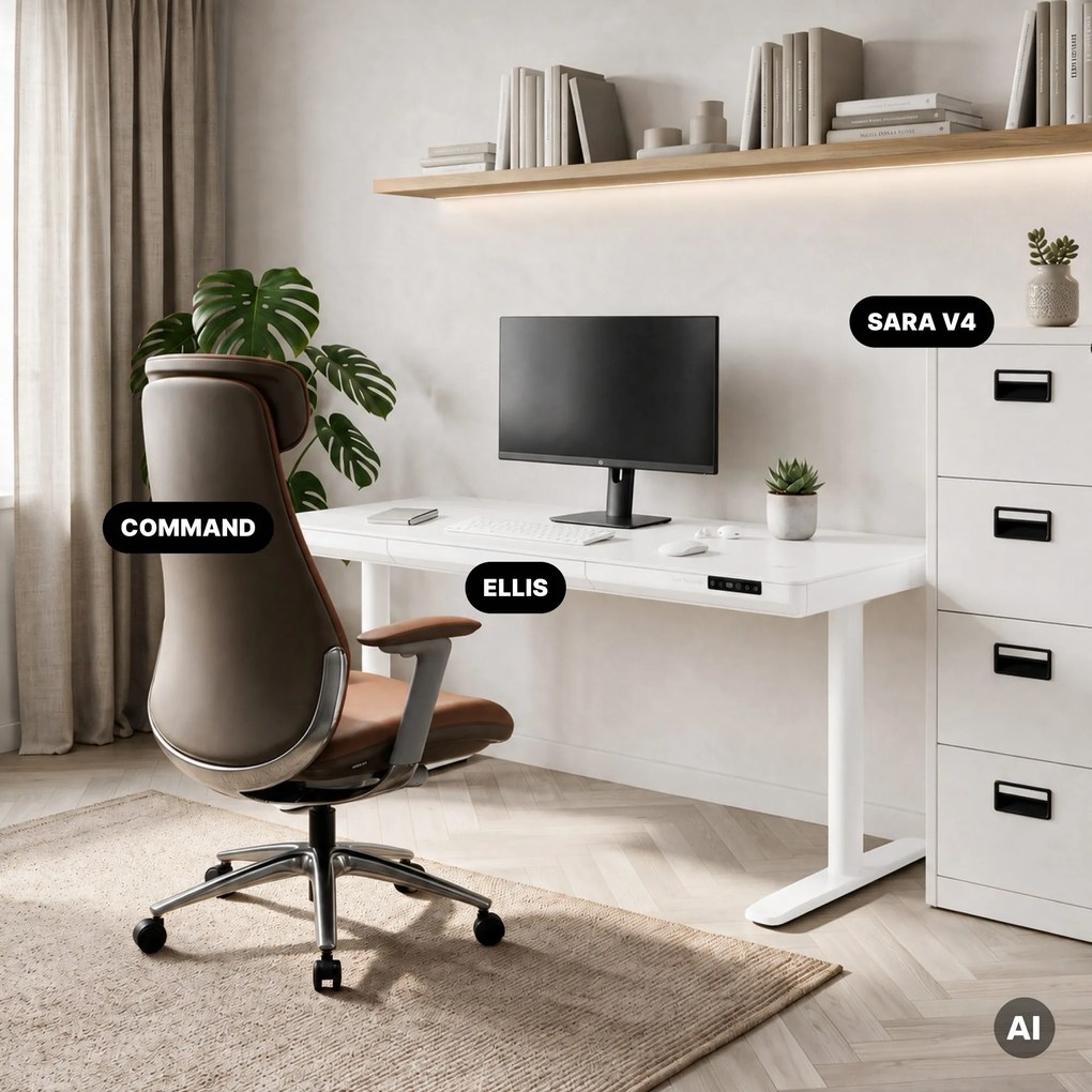 Biurko elektryczne sit-stand z szufladą i ładowarką bezprzewodową Qi białe, 1600 mm: ELLIS