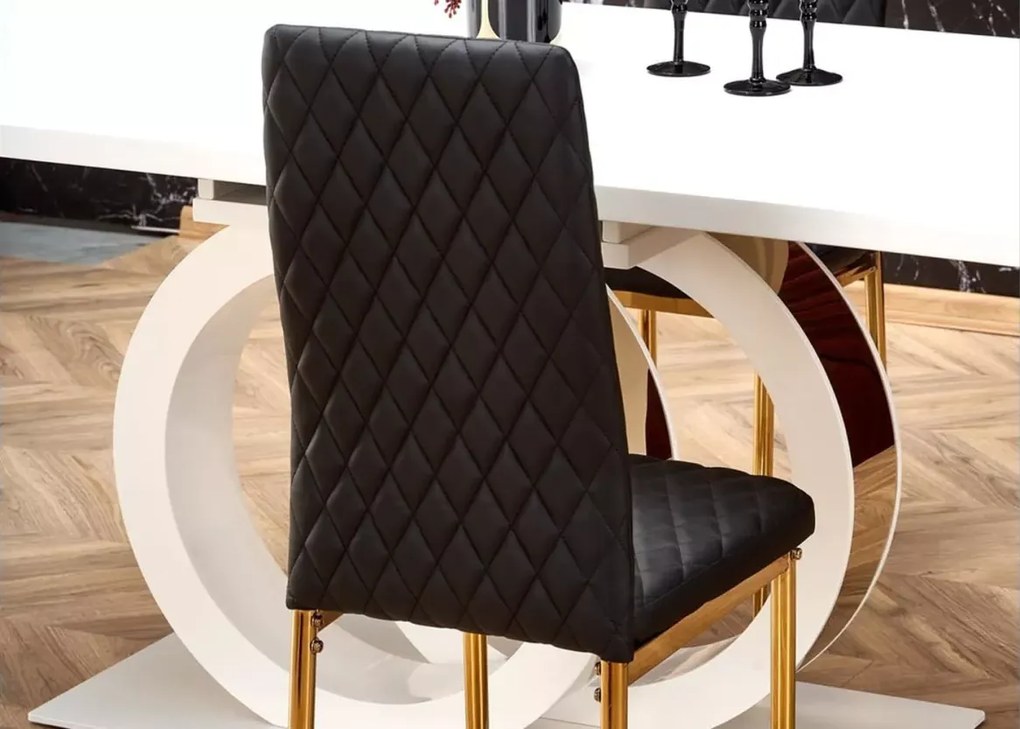 Elegancki rozkładany stół Tazzisto 160-200/90 biały połysk z blatem z MDFu lakierowanego i złotymi detalami do salonu glamour