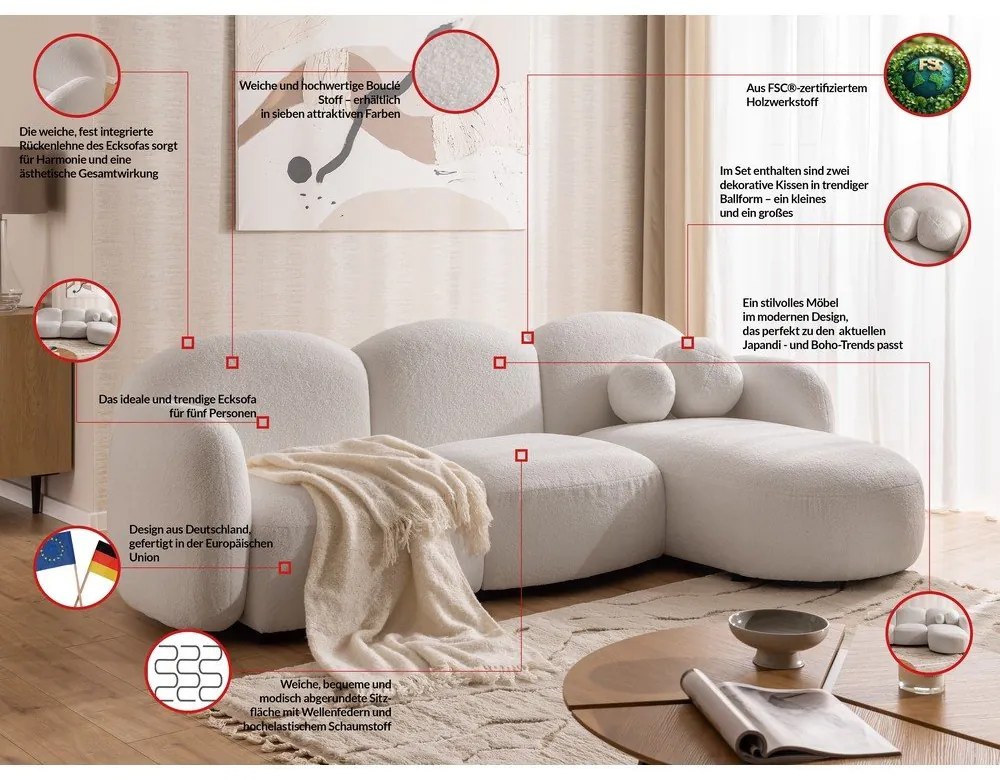 Kremowy narożnik z materiału bouclé (prawostronny/z szezlongiem) Orbit – Ropez