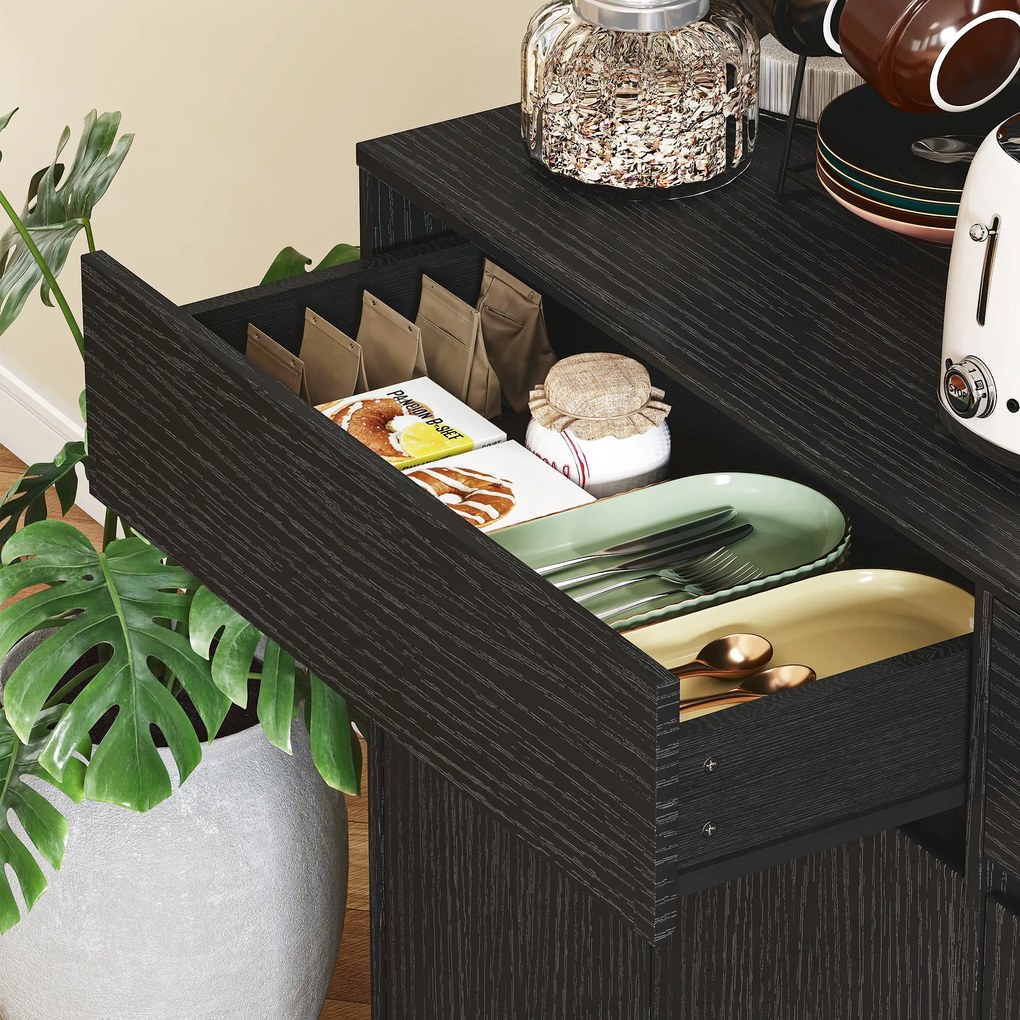 HOMCOM Szafka kuchenna z blatem, 6 drzwi, wysoka szafka z półkami, czarna | Aosom PL