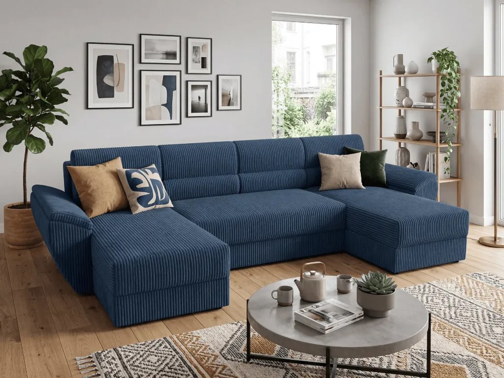 Rozkładana sofa narożna w kształcie U TAVERO 321x140 cm, ciemnoniebieska