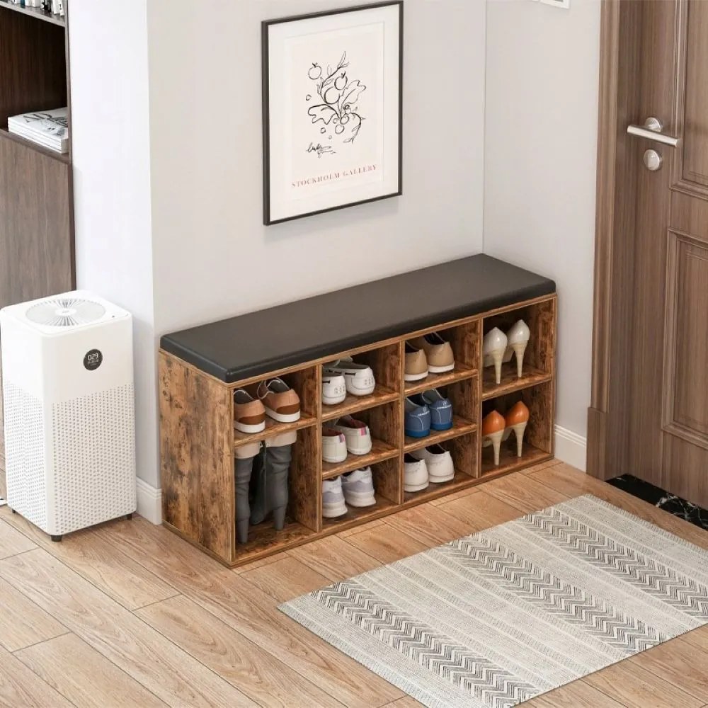 Ławka do przedpokoju z siedziskiem i półką do przechowywania, brązowa rustykalna, 104x30x48 cm – kompaktowy design MDF