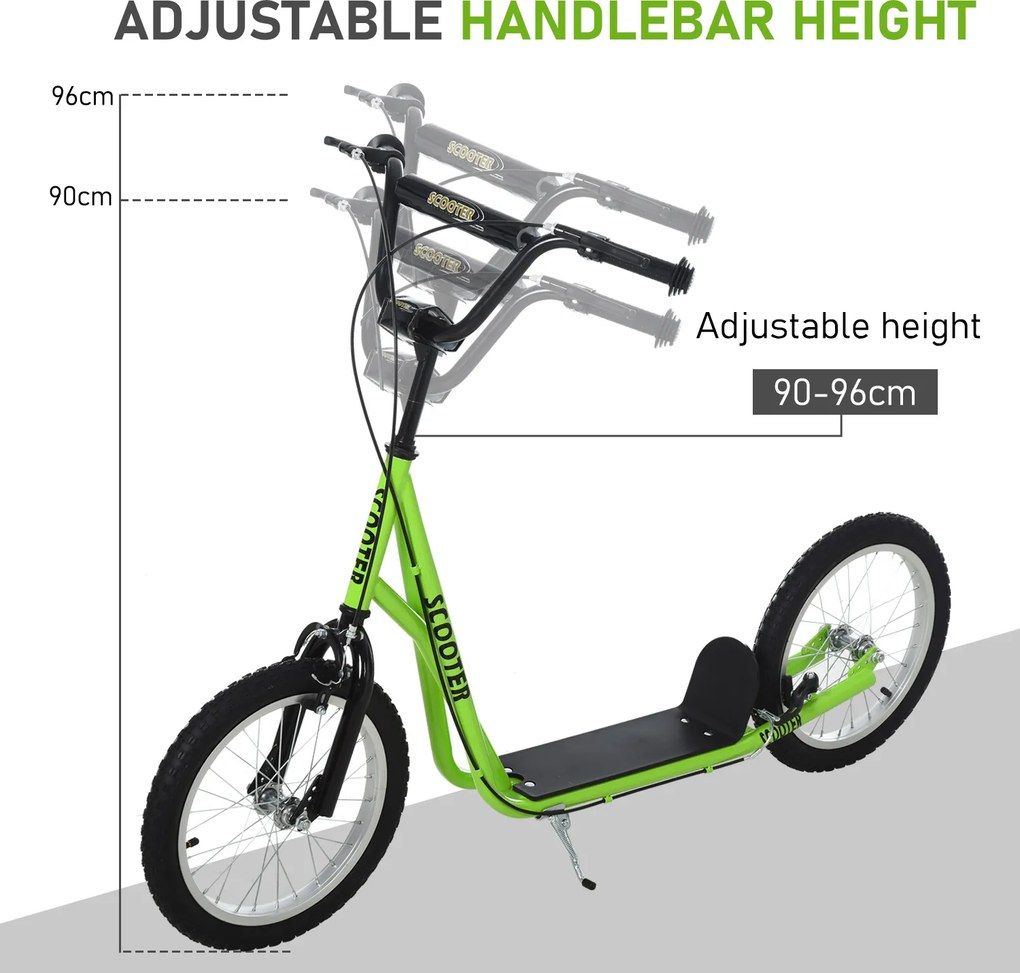 HOMCOM hulajnoga dziecięca hulajnoga miejska hulajnoga dziecięca opony pneumatyczne 16 cali zielona 139 x 58 x 90-96 cm regulowana aluminiowa