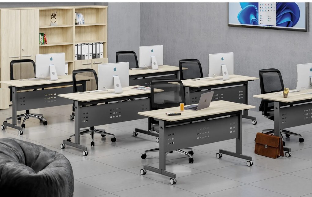 Mobilny stół PRIMO MOBI, 140x60 cm, biała podstawa, buk