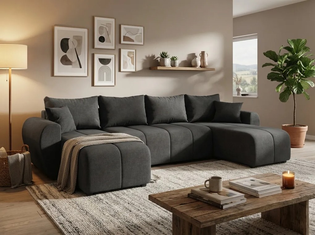 Rozkładana dwustronna sofa w kształcie litery U SEVIO 311x145 cm, ciemnoszara + 2 poduszki GRATIS