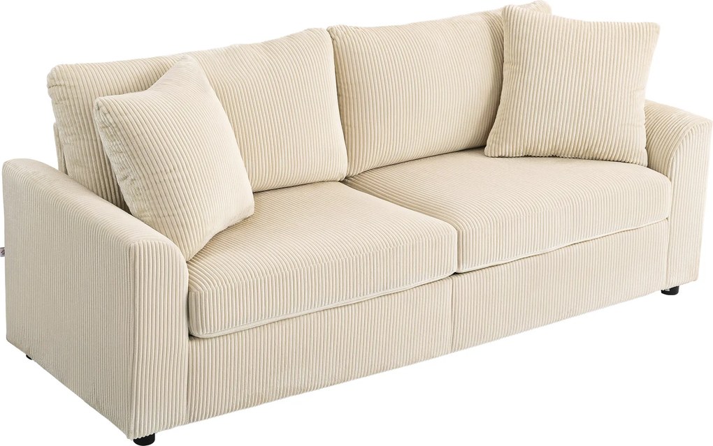 HOMCOM Sofa 3-osobowa z poduszkami dekoracyjnymi, Corduroy, do salonu, sypialni, szerokość 212 cm, Kremowa