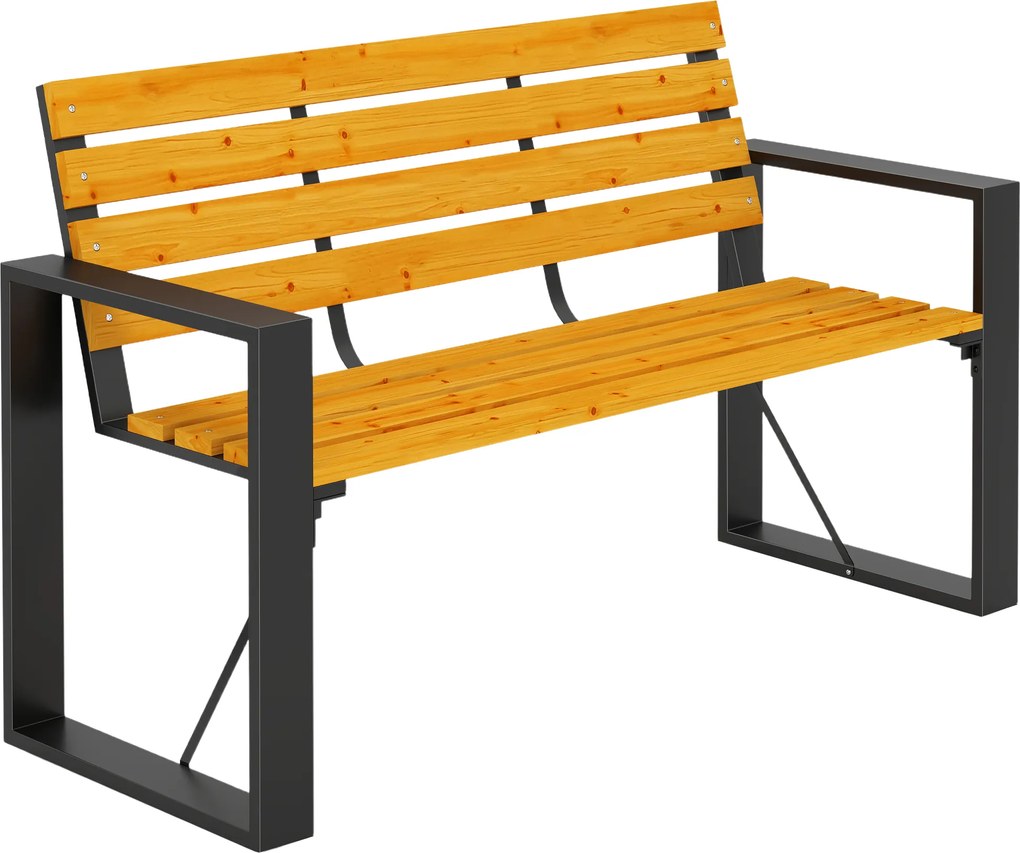 Outsunny Ławka ogrodowa 2-osobowa odporna na warunki atmosferyczne, drewniana ławka z lamelowym wzorem i podłokietnikami, siedzisko do 240 kg, Naturalne drewno | Aosom PL