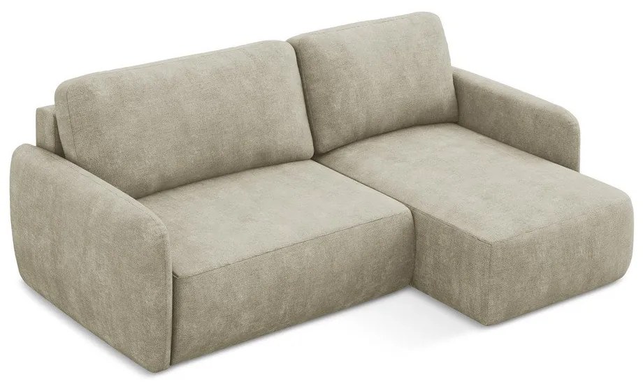 Beżowy narożnik rozkładany z tkaniny szenilowej ze schowkiem (prawostronny/z szezlongiem) Lilo – Makamii