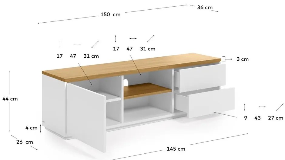 Biała szafka pod TV w dekorze dębu 150x44x36 cm Abilen – Kave Home