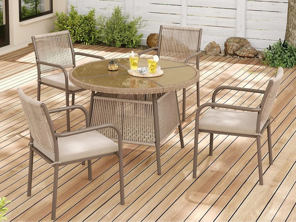 Zestaw jadalniany ogrodowy na 4 osoby - 4 fotele - 1 stół - konstrukcja z żelaza ocynkowanego - Blat ze szkła hartowanego - brązowy