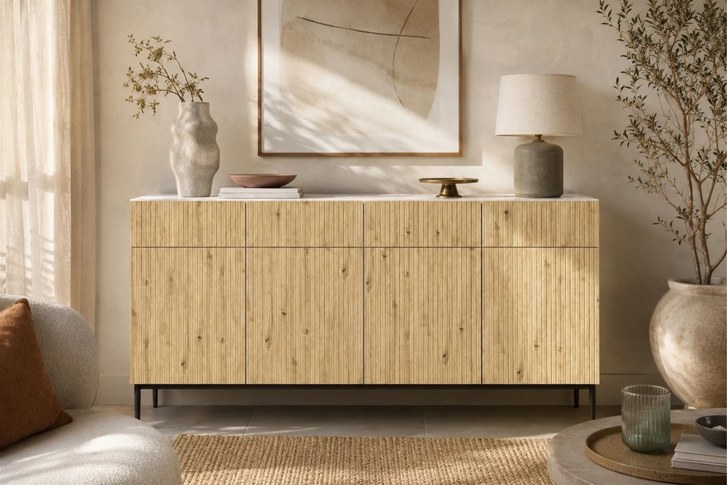 Komoda Nicole 200 cm czterodrzwiowa - biały / dąb artisan / czarne nóżki