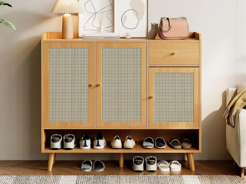 Szafa na buty z naturalnego rattanu 120×35×106 cm - z 3 drzwiami i 1 szufladą - płyta wiórowa - naturalny