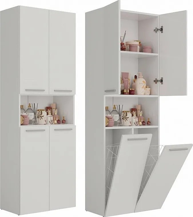 Słupek Łazienkowy Nel 2K DK | Biały | 60x30x174 cm | Szafka Regał 3 Półki 2 Kosze