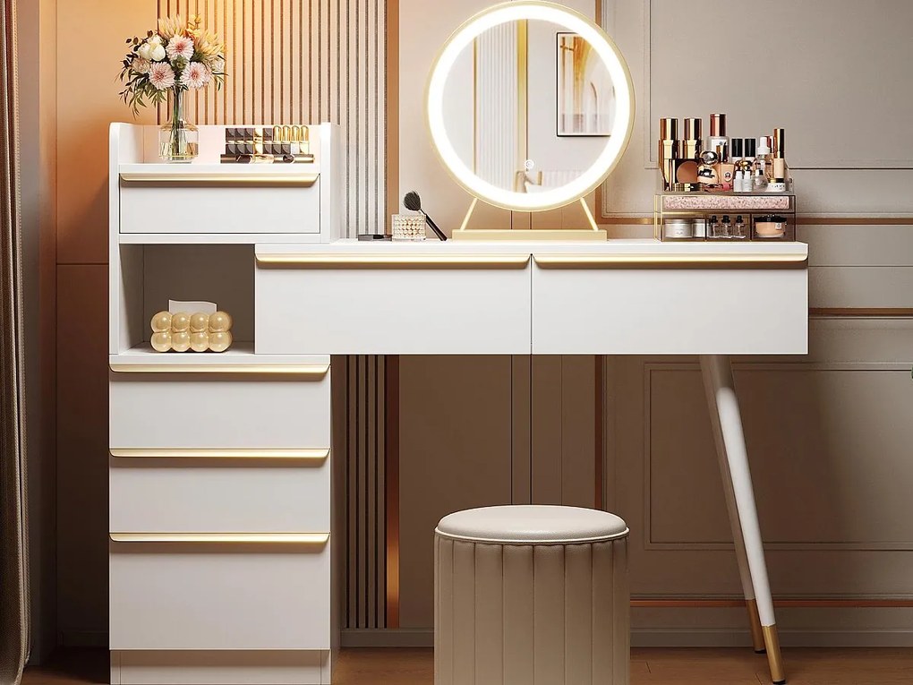 Toaletka z oświetleniem LED 100 x 41,5 x 102 cm - z 6 szufladami - rozsuwany blat - biały