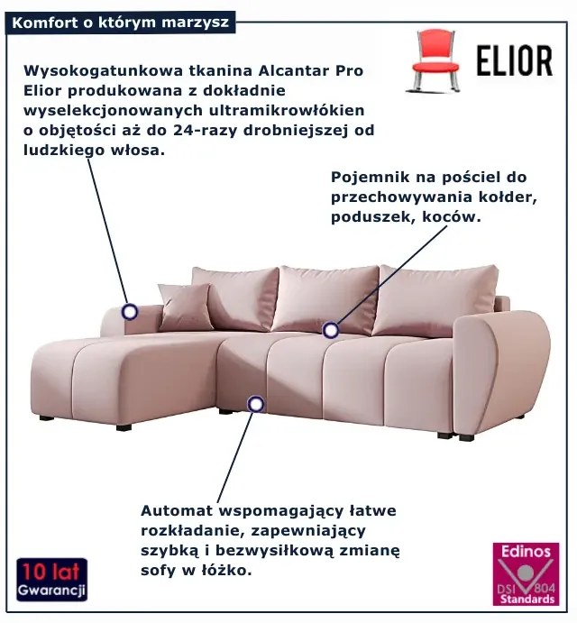 Różowy narożnik rozkładany w kształcie L  L6-P11