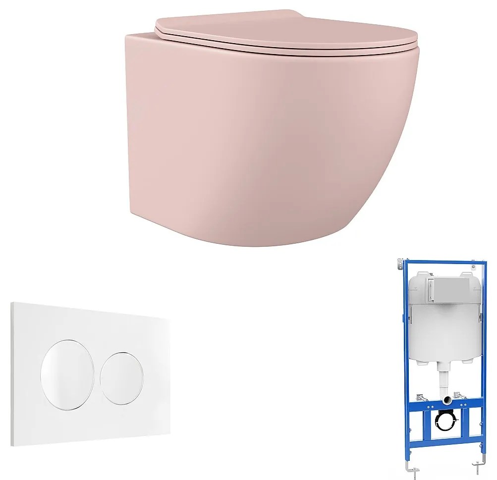 Zestaw miska WC podwieszana różowa matowa ze stelażem i przyciskiem do spłuczki - JAVOINE