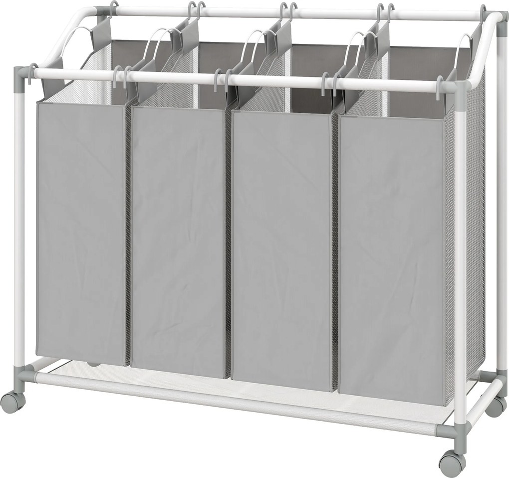 HOMCOM Kosz na pranie z 4 przegródkami 160 L z kółkami, wyjmowany worek na pranie, 97 x 38 x 81 cm, Szary