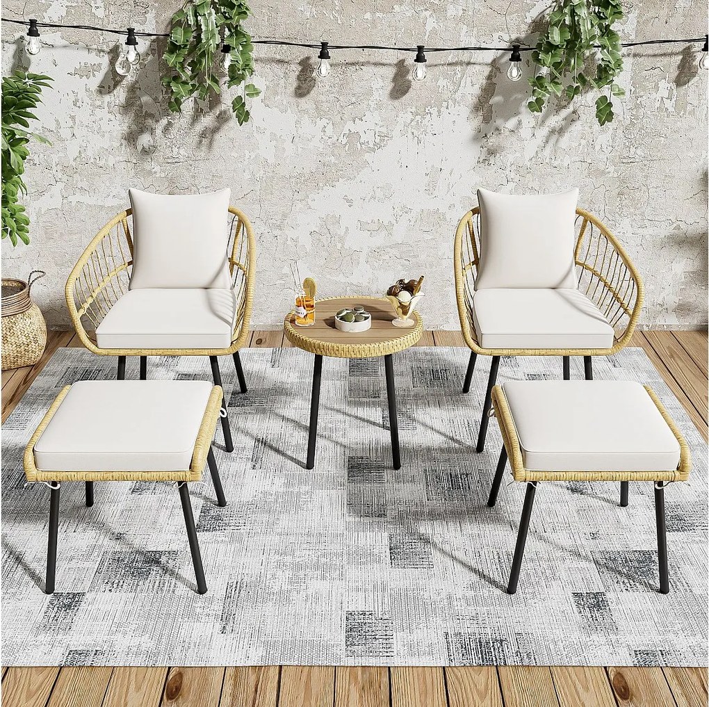 5-częściowy zestaw wypoczynkowy z rattanu – stół, 2 krzesła i 2 stołki, eleganckie i trwałe meble ogrodowe na taras i balkon