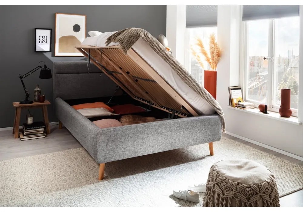Szare tapicerowane łóżko dwuosobowe ze schowkiem ze stelażem 140x200 cm Lotte – Meise Möbel