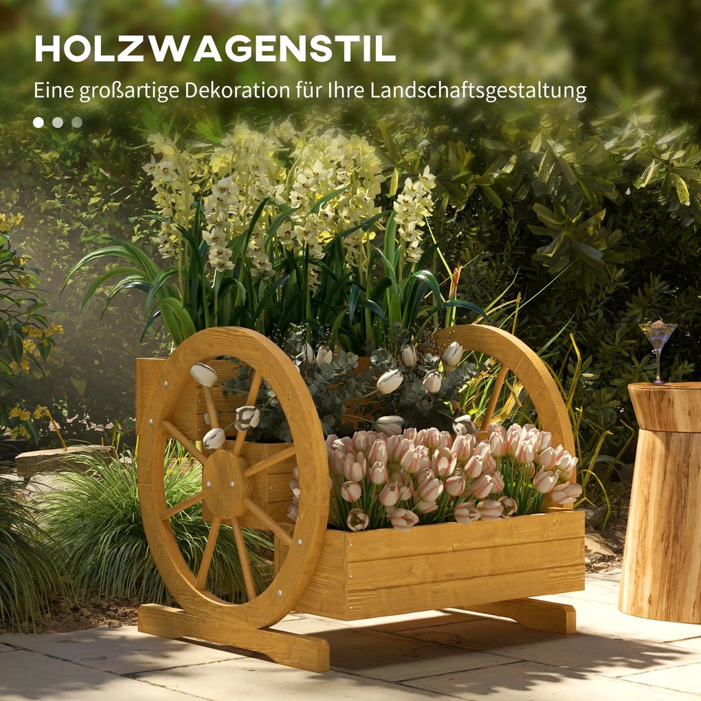 Outsunny Podwyższane grządki z drewna, skrzynki na kwiaty z 3 poziomami, grządka warzywna z dekoracją w kształcie koła wozu, grządka ziołowa z otworami odpływowymi do ogrodu, balkonu, teaku, 61 x 62 x 57 cm