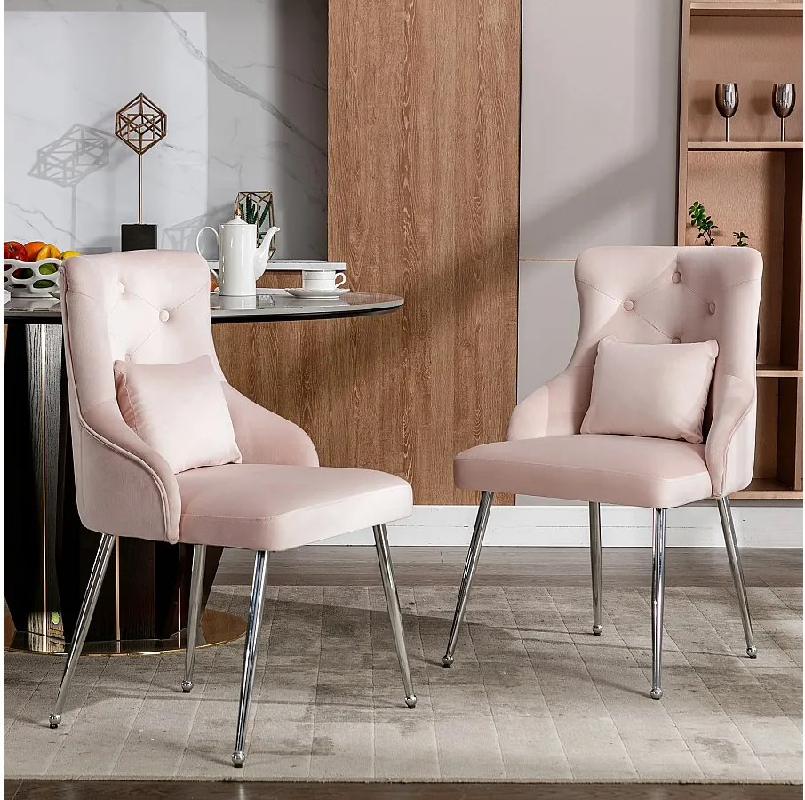 Komplet 2 krzeseł welurowych - 87,5 x 58,5 x 54,5 cm - fotel tapicerowany z poduszką lędźwiową - z metalowymi nogami - różowy
