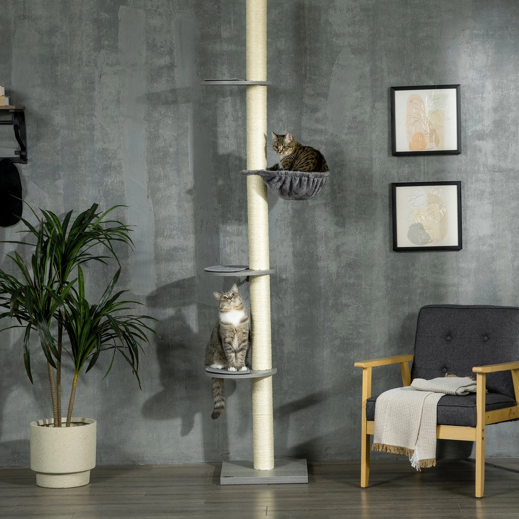 PawHut Funkcjonalna Drapak dla Kota z Hamakiem - Element Sufitowy, Szaro-Kremowy, 40x40x250cm - Aktywna Zabawa