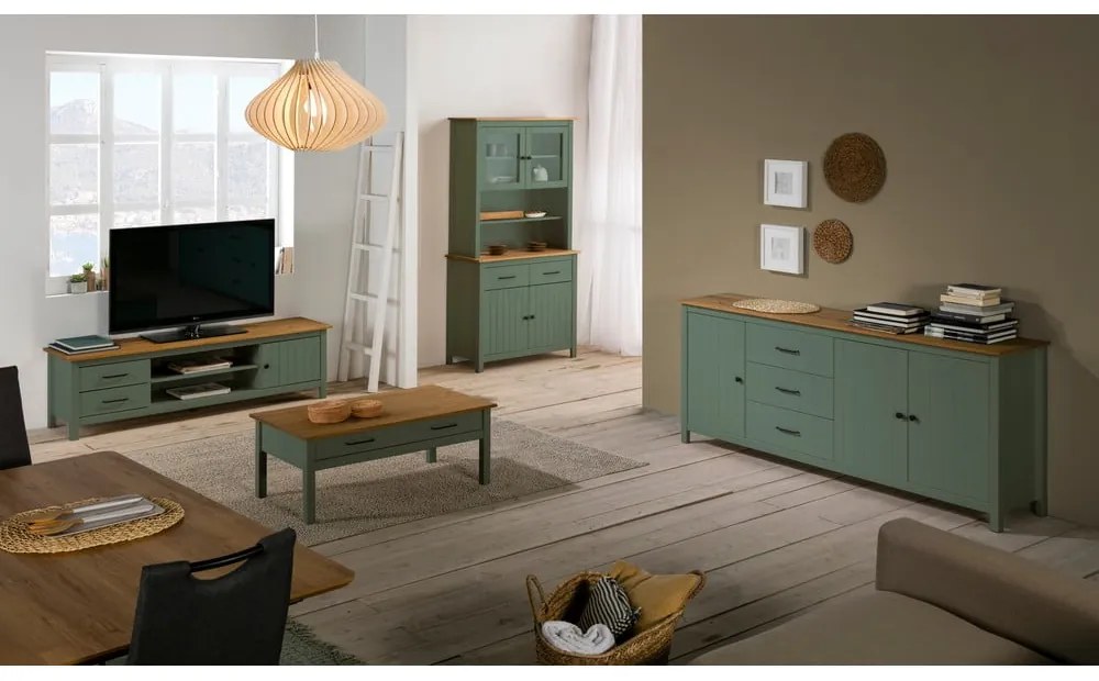Zielono-naturalna szafka pod TV z litego drewna sosnowego 158x47 cm Miranda – Marckeric