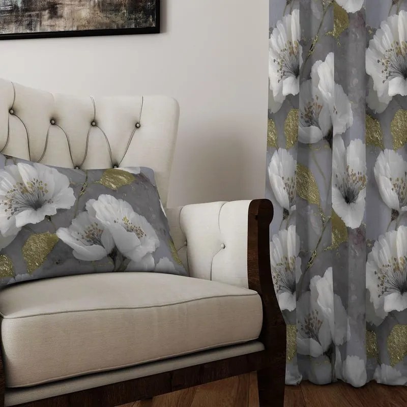 Zasłona dekoracyjna oxford szara w kwiaty złote liście - szer. 150 cm