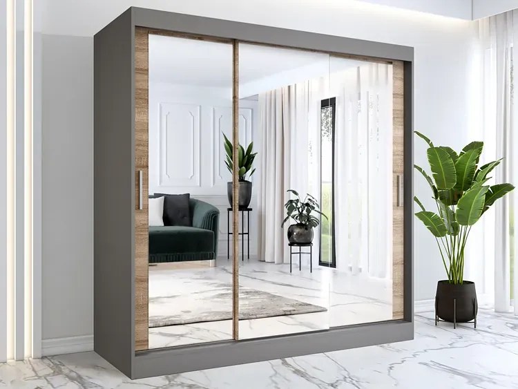 Szafa przesuwna z lustrem antracyt + dąb sonoma 200 cm G4-B04