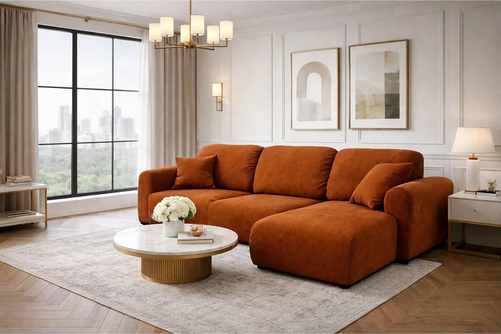 Narożnik w kształcie L z funkcją spania i pojemnikiem Bingo L, tkanina welurowa Salvador, Brązowy, Prawy