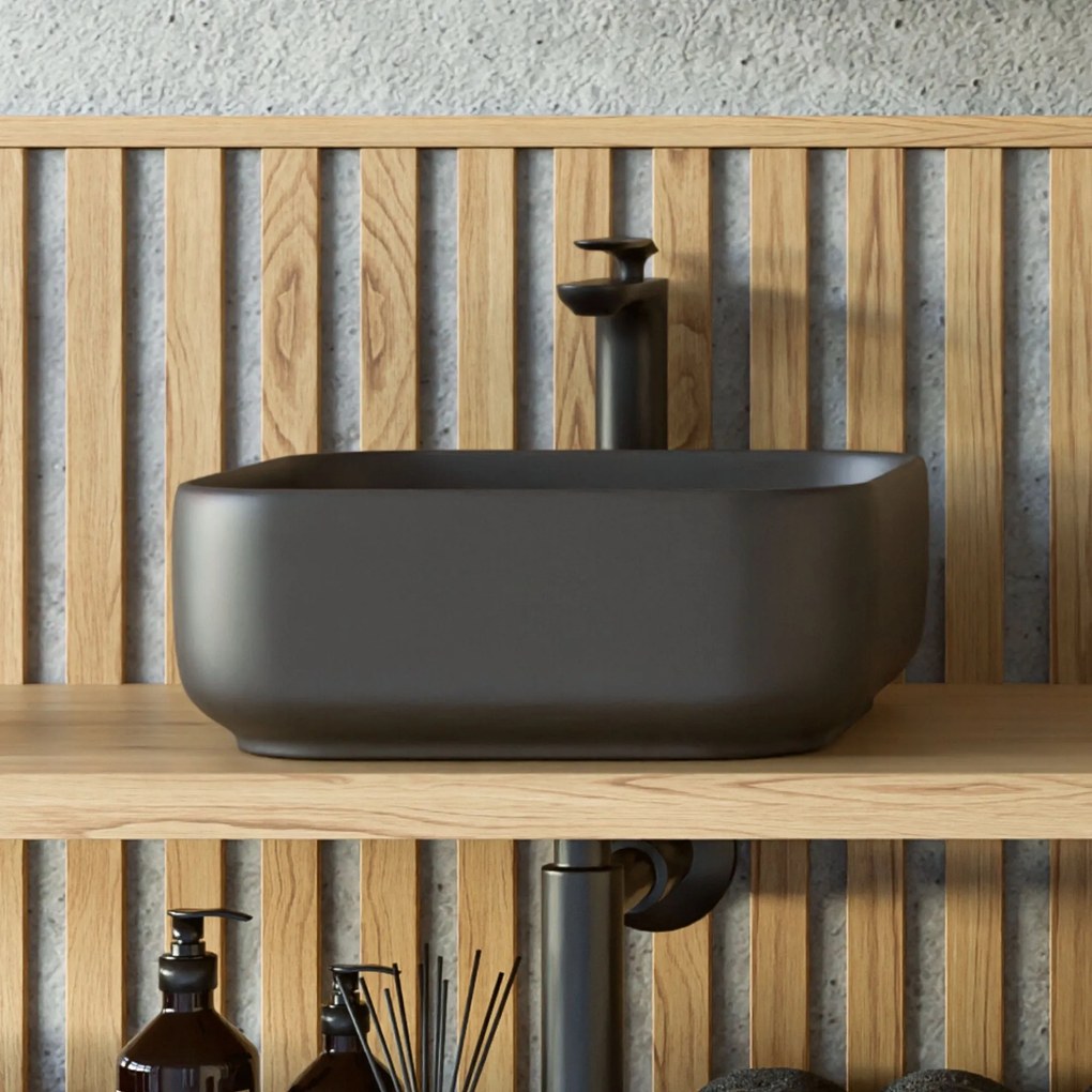 Umywalka ceramiczna nablatowa kwadratowa brązowa bez otworu na baterię 40x40 cm UNO 2 Mokka Matt