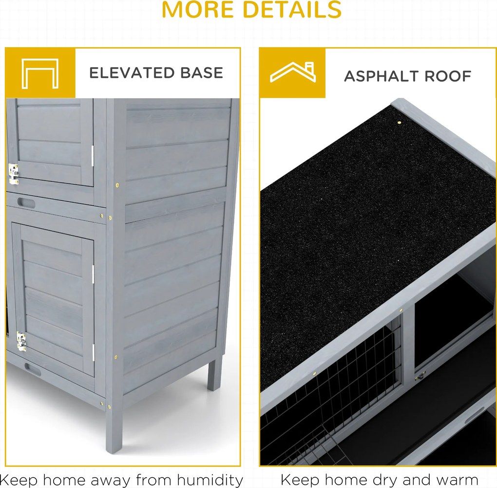 PawHut Klatka dla królików z drewna z 2 poziomami, dach z papy, tacki na dno, drzwi dla małych zwierząt, 136,4 x 50 x 93 cm, szara | Aosom PL
