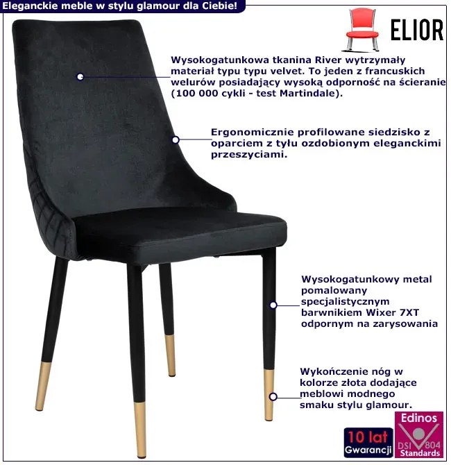 Czarne welurowe krzesło w stylu glamour - Ledar