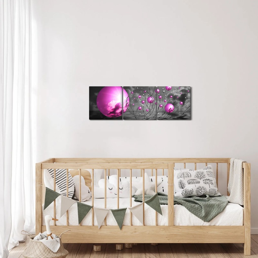 Obraz różowych kul (z zegarem) (90x30 cm)