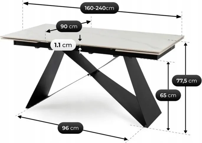Stół Rozkładany Prostokątny VICTOR 160-240 cm Ceramiczny Biały Marmur/Czarny do Jadalni Loft