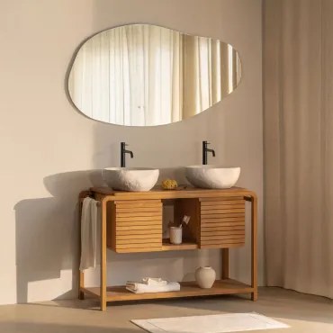 Zestaw Mebli Łazienkowych Z Drewna Tekowego Bradley Nieregularna Dioda Led I Funkcja Przeciwmgielna 140 X 75 Cm Riben & ↔︎ 120 Cm & 2 Sz - Sklum