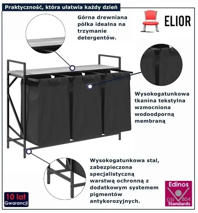 Trzykomorowy kosz na pranie z półką szary dąb sonoma G7-D12