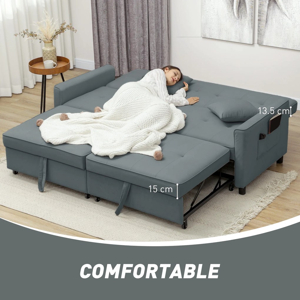 HOMCOM Sofa rozkładana, regulowana 3-osobowa kanapa z funkcją spania, wysuwane łóżko, poduszki, szara