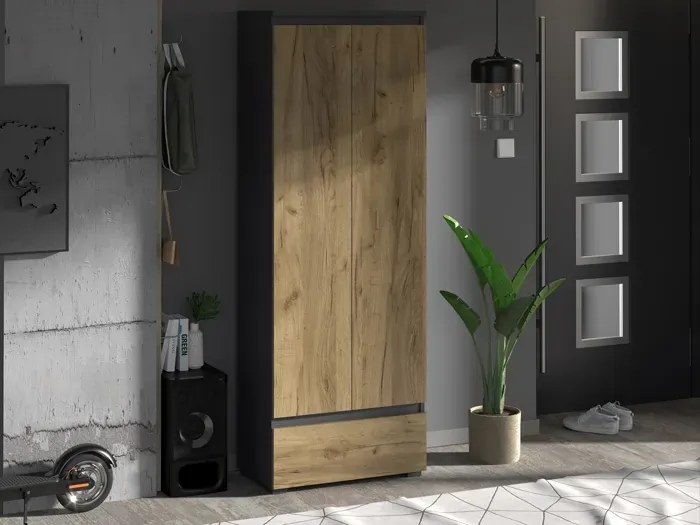 Zamykany regał z szufladą i półkami antracyt + dąb craft - Elsinor 6X